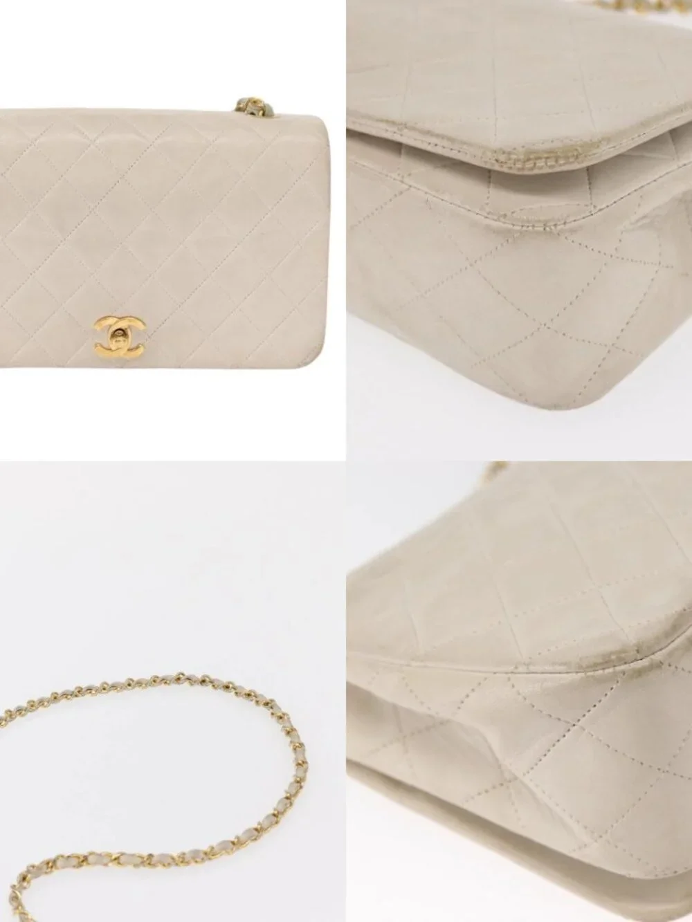 CHANEL Matelasse Turn Lock Chain Bag Lamb Skin White Gold CC Auth am10500